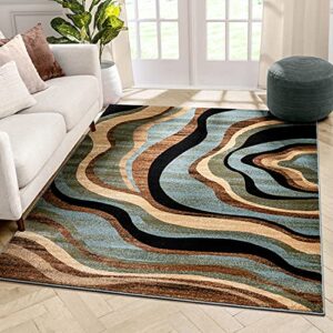 hudson waves blue brown geometric modern casual area rug 5x7 ( 5'3" x 7'3" ) easy to clean stain fade resistant shed free abstract contemporary natural lines multi soft living dining room rug