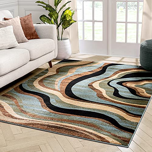 Hudson Waves Blue Brown Geometric Modern Casual Area Rug 5x7 ( 5'3" x 7'3" ) Easy to Clean Stain Fade Resistant Shed Free Abstract Contemporary Natural Lines Multi Soft Living Dining Room Rug