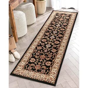 noble sarouk black persian floral oriental formal traditional rug 3x10 ( 2'7" x 9'6" runner ) easy to clean stain fade resistant shed free modern contemporary transitional soft living dining room rug
