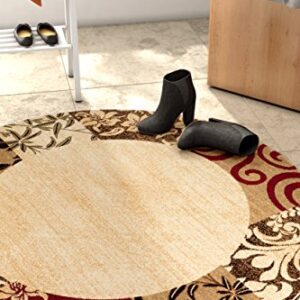 Well Woven Verdant Vines Beige Modern Damask Border Rug 8 (7'10" Round) Casual Oriental Easy Clean Stain Fade Resistant Shed Free Contemporary Floral Formal Gradient Soft Living Dining Room Rug