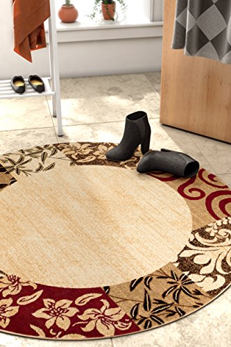 Well Woven Verdant Vines Beige Modern Damask Border Rug 8 (7'10" Round) Casual Oriental Easy Clean Stain Fade Resistant Shed Free Contemporary Floral Formal Gradient Soft Living Dining Room Rug