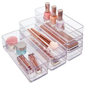 stori simplesort 6-piece stackable clear drawer organizer set | 9" x 3" x 2" rectangle trays | narrow makeup vanity storage bins and office desk drawer dividers | made in usa