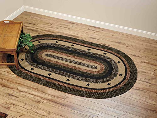 IHF Home Decor |Tartan Star Premium Braided Collection | Primitive, Rustic, Country, Farmhouse Style | Jute/Cotton | 30 Days Risk Free | Accent Rug/Door Mat |Black, Tan | 27"x48" Oval