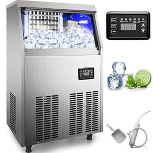 vevor 110v commercial ice maker 90-100lbs/24h with 33lbs bin full heavy duty stainless steel construction, automatic operation, clear cube for home bar, include water filter, scoop, connection hose