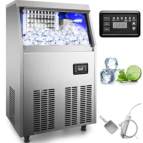 VEVOR 110V Commercial Ice Maker 90-100LBS/24H with 33LBS Bin Full Heavy Duty Stainless Steel Construction, Automatic Operation, Clear Cube for Home Bar, Include Water Filter, Scoop, Connection Hose