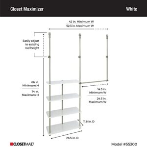 ClosetMaid 55300 Closet Maximizer with (4) Shelves & Double Hang Rod, Tool Free Add On Unit, White Finish,11.6 x 53 x 74 inches