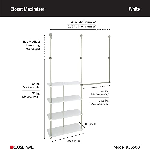 ClosetMaid 55300 Closet Maximizer with (4) Shelves & Double Hang Rod, Tool Free Add On Unit, White Finish,11.6 x 53 x 74 inches