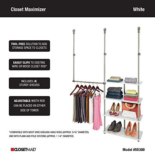 ClosetMaid 55300 Closet Maximizer with (4) Shelves & Double Hang Rod, Tool Free Add On Unit, White Finish,11.6 x 53 x 74 inches