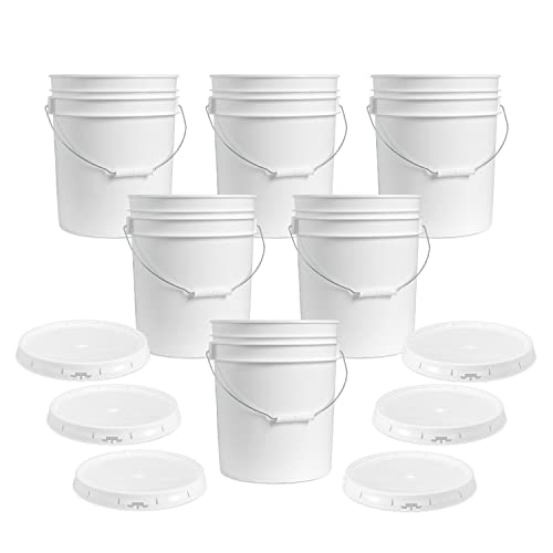 5 Gallon White Bucket & Lid - Set of 6 - Made in The USA - Durable 90 Mil All Purpose Pail - Food Grade - Contains No BPA Plastic (5 Gal. w/Lids - 6pk)