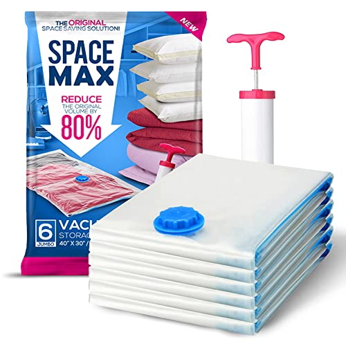 Jumbo 6 Pack | SPACE MAX Premium Space Saver Vacuum Storage Bags - Save 80% More Storage Space - Reusable, Double Zip Seal & Leak Valve, Includes Travel Hand Pump