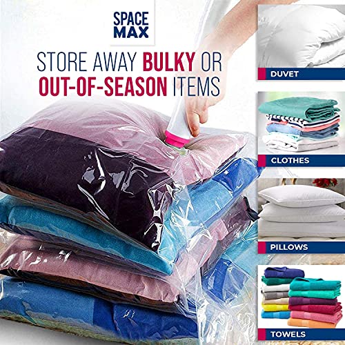 Jumbo 6 Pack | SPACE MAX Premium Space Saver Vacuum Storage Bags - Save 80% More Storage Space - Reusable, Double Zip Seal & Leak Valve, Includes Travel Hand Pump