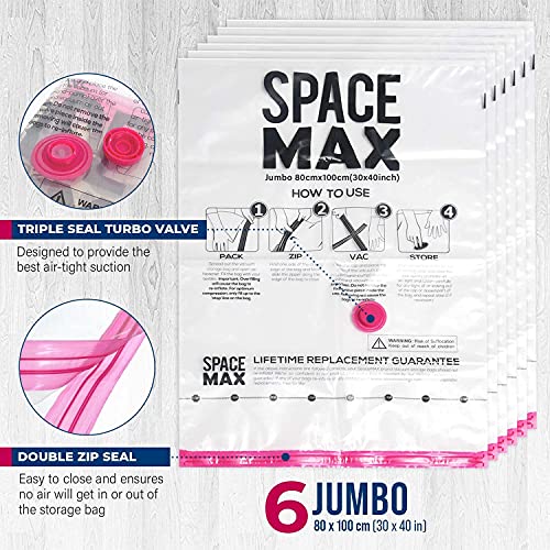 Jumbo 6 Pack | SPACE MAX Premium Space Saver Vacuum Storage Bags - Save 80% More Storage Space - Reusable, Double Zip Seal & Leak Valve, Includes Travel Hand Pump