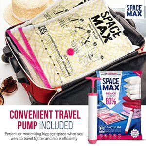 Jumbo 6 Pack | SPACE MAX Premium Space Saver Vacuum Storage Bags - Save 80% More Storage Space - Reusable, Double Zip Seal & Leak Valve, Includes Travel Hand Pump