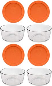 pyrex (4) 7201 4 cup glass bowls & (4) 7201-pc pumpkin orange plastic lids, made in usa