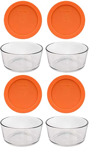 Pyrex (4) 7201 4 Cup Glass Bowls & (4) 7201-PC Pumpkin Orange Plastic Lids, Made in USA