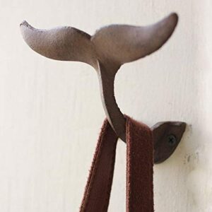 set of 2 kalalou cast iron whale's tail wall hook with mounting screws. antique rustic brown finish. 5 inches long by 4 inches tall by 4 inches wide.