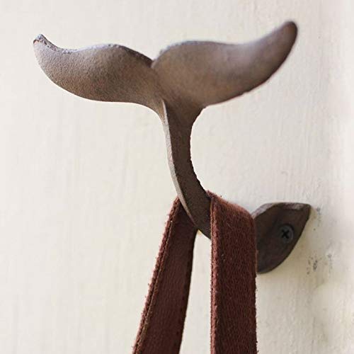 Set of 2 Kalalou Cast Iron Whale's Tail Wall Hook with Mounting Screws. Antique Rustic Brown Finish. 5 Inches Long by 4 Inches Tall by 4 Inches Wide.