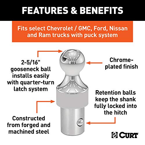 CURT 60629 30K Factory Style 2-5/16-Inch Gooseneck Ball, Fits Select Chevrolet Ford, GMC, Nissan Titan XD, Ram, Puck System Required, Chrome