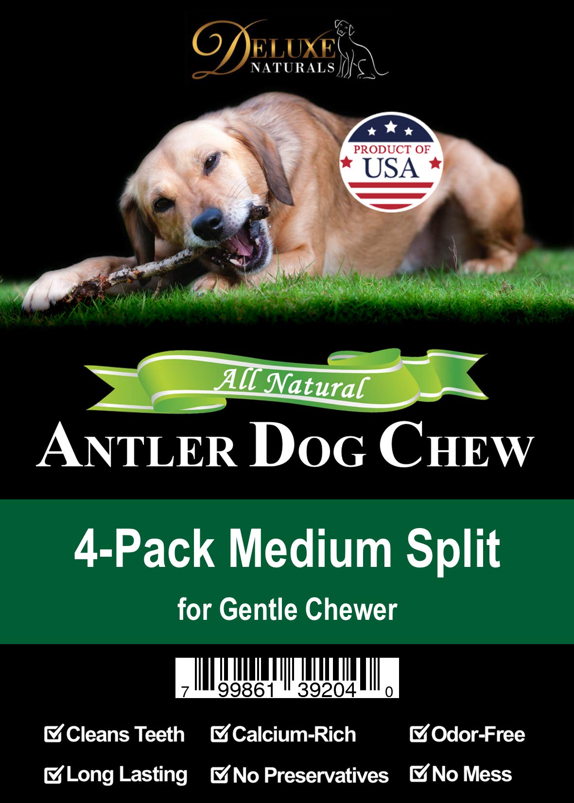 Deluxe Naturals Elk Antler Dog Chews | Long-Lasting A-Grade Premium Elk Antler Chews for Dogs from Naturally Shed Elk Antlers Collected in The USA, Split, Medium (Pack of 4)