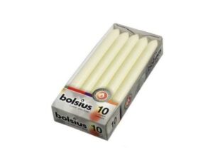 bolsius ivory dinner candles - 10 pack unscented 9 inch straight taper candle set - 8 hour burn time - premium european quality - smokeless and dripless household, spa, wedding, and party candlestick