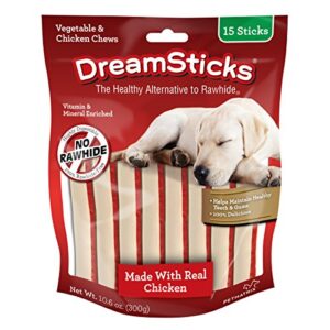 dreambone dreamsticks, rawhide free dog chew sticks made with real chicken and vegetables, 15 sticks