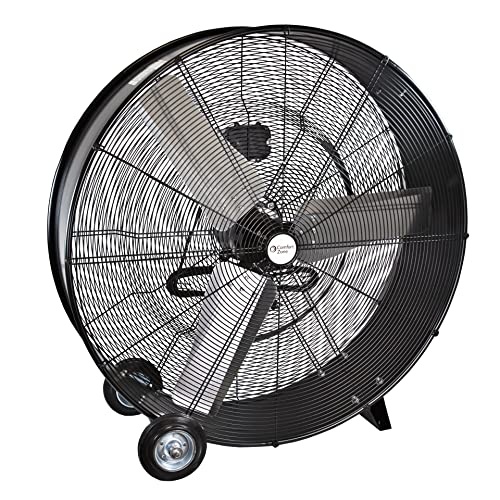 Comfort Zone CZMC36 36” 2-Speed High-Velocity Direct Drive Industrial Drum Fan, All-Metal Construction, Individually Balanced Aluminum Blades, and 2 Large Rubber Wheels, Black