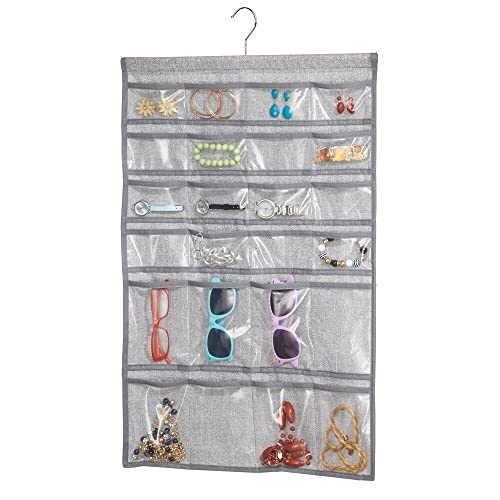 mDesign Soft Fabric Over Rod Hanging Storage Organizer with 48 Pockets for Child/Baby Room, Nursery, Playroom - Metal Hooks Included - Textured Print - Gray