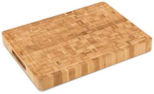 end grain wood bamboo cutting board for kitchen, commercial use - extra large, thick butcher block with juice groove, handles, and non-slip feet for chopping veggies, carving meat, bread and cheese