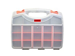 deluxe double sided storage organizer carrying case with 36 compartments - used as a tacklebox/tool box/craft sorter. holds fasteners/screws/fishing/tackle/tools/crafts/beads/electronics/components