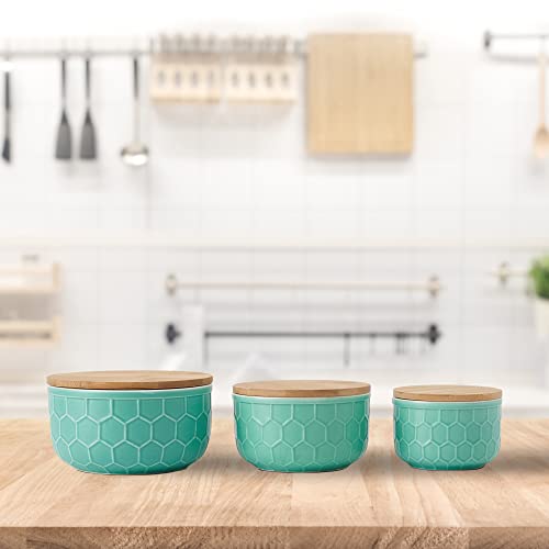Bloomingville Farmhouse Stoneware Bowls with Honeycomb Design and Bamboo Lids, Mint Green and Natural, Set of 3 Sizes