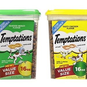 Temptations Treats for Cats Bundle: Seafood Medley (16 oz) and Tasty Chicken (16 oz)