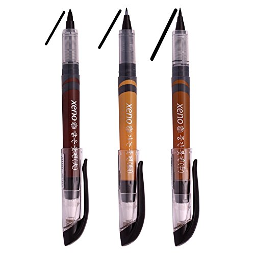 Xeno Calligraphy Brush Pen, Fude Pen, Narrow Tip, Kanji China Japan (Fine,Medium,Bold Point)-Black Ink (Pack of 3)