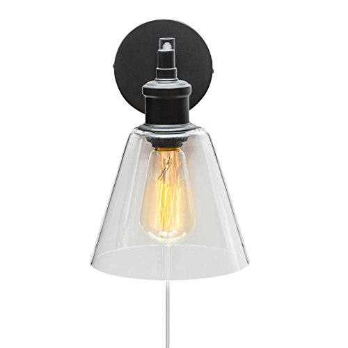 Globe Electric 65311 1-Light Plug-in or Hardwire Industrial Wall Sconce, Dark Bronze Finish, On/Off Rotary Switch, 6ft Clear Cord, Clear Glass Shade, Wall Lights for Bedroom Plug in, Kitchen Sconces