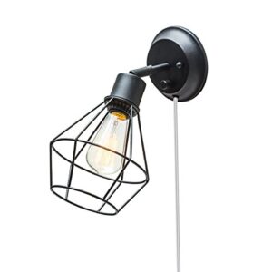 globe electric 65291 1-light plug-in or hardwire industrial cage wall sconce, matte black finish, on/off rotary switch, 6ft clear cord, wall lights for bedroom plug in, kitchen sconces wall lighting