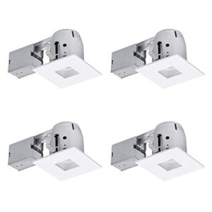 4" led ic rated die-cast swivel baffle square trim recessed lighting kit 4-pack, white, easy install push-n-click clips, led bulbs included, 3.88" hole size,90949