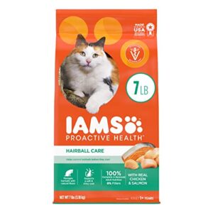 iams proactive health adult hairball care dry cat food with chicken and salmon cat kibble, 7 lb. bag