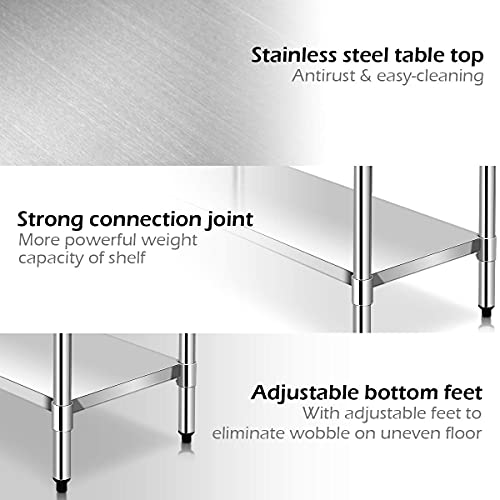 Giantex 36 x 24 Inches Stainless Steel Work Table, Commercial Kitchen Prep Work Table with Galvanized Shelf, Adjustable Plastic Feet, Heavy Duty Work Prep Table for Kitchen, Restaurant