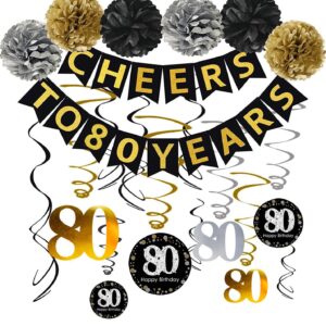 Famoby 80th Birthday Party Decorations Kit - Gold Glittery Cheers to 80 Years Banner,Poms,12Pcs Sparkling 80 Hanging Swirl for 80th Anniversary Decorations 80 Years Old Party Supplies