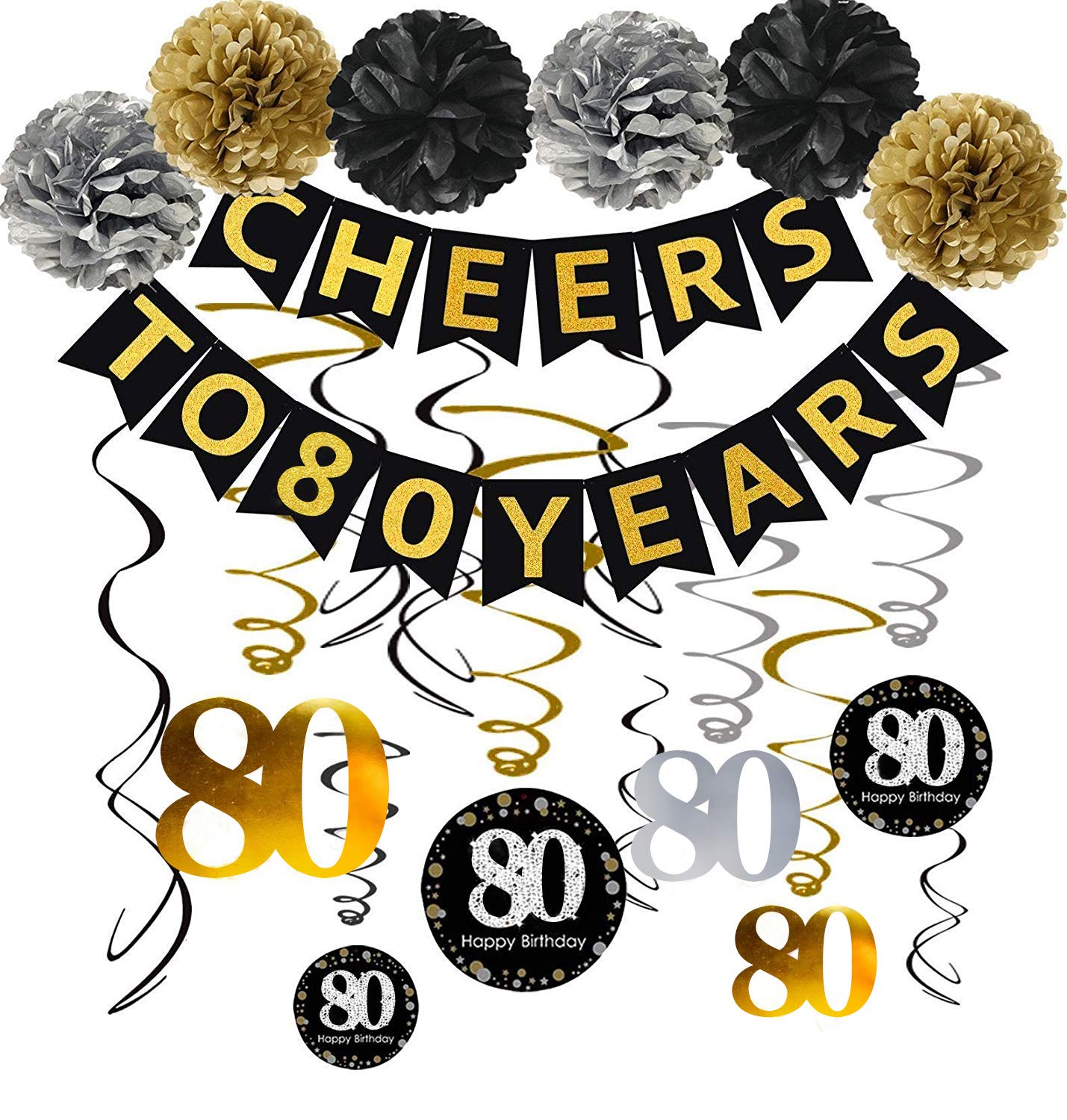 Famoby 80th Birthday Party Decorations Kit - Gold Glittery Cheers to 80 Years Banner,Poms,12Pcs Sparkling 80 Hanging Swirl for 80th Anniversary Decorations 80 Years Old Party Supplies