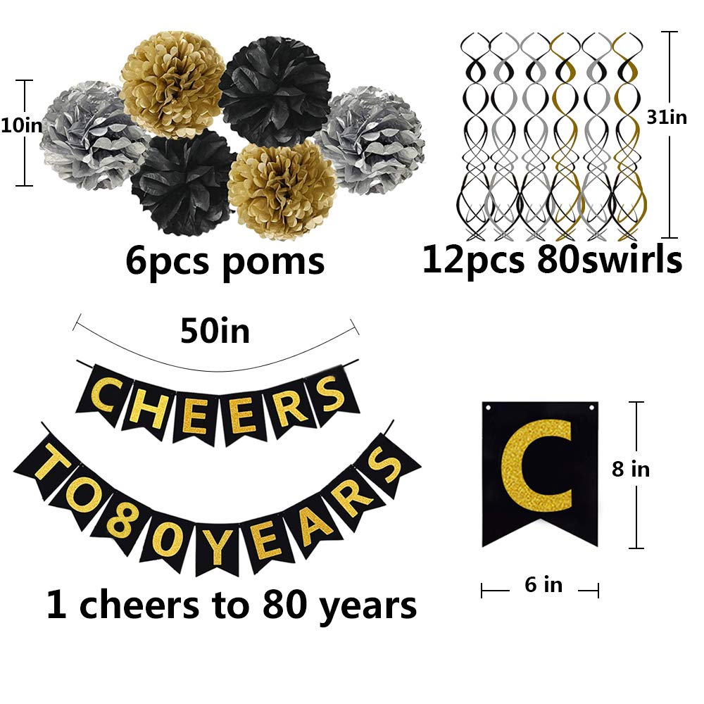 Famoby 80th Birthday Party Decorations Kit - Gold Glittery Cheers to 80 Years Banner,Poms,12Pcs Sparkling 80 Hanging Swirl for 80th Anniversary Decorations 80 Years Old Party Supplies