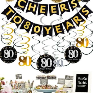 Famoby 80th Birthday Party Decorations Kit - Gold Glittery Cheers to 80 Years Banner,Poms,12Pcs Sparkling 80 Hanging Swirl for 80th Anniversary Decorations 80 Years Old Party Supplies