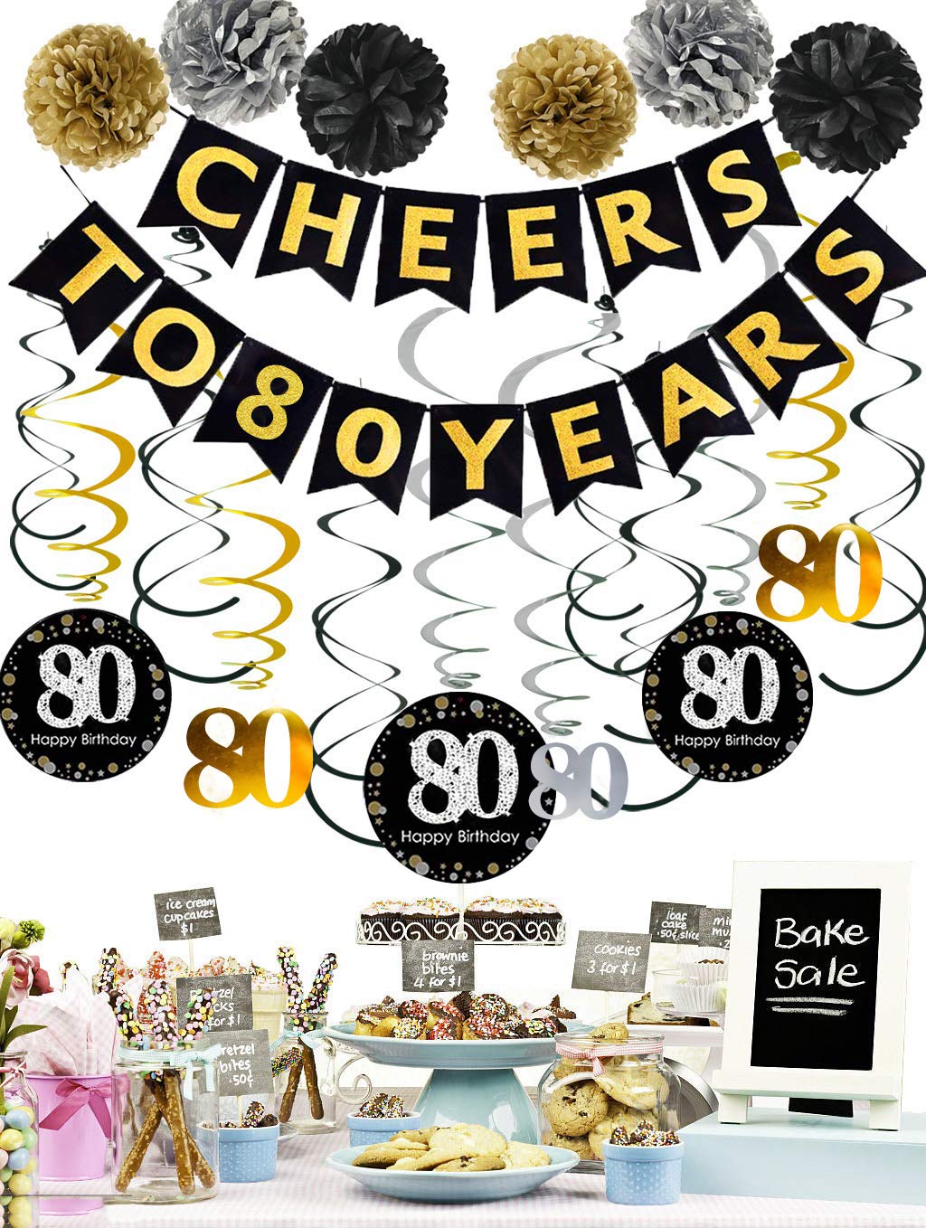 Famoby 80th Birthday Party Decorations Kit - Gold Glittery Cheers to 80 Years Banner,Poms,12Pcs Sparkling 80 Hanging Swirl for 80th Anniversary Decorations 80 Years Old Party Supplies