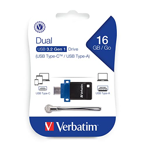 Verbatim Store 'n' Go USB Flash Drive 3.0, Dual USB, USB C and USB A, 16GB, Blue