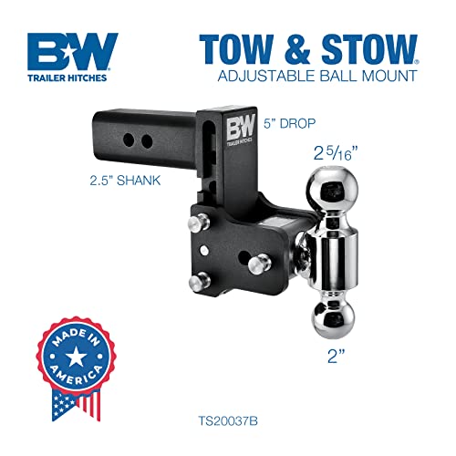 B&W Trailer Hitches Tow & Stow Adjustable Trailer Hitch Ball Mount - Fits 2.5" Receiver, Dual Ball (2" x 2-5/16"), 5" Drop, 14,500 GTW - TS20037B