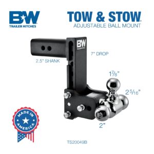 B&W Trailer Hitches Tow & Stow Adjustable Trailer Hitch Ball Mount - Fits 2.5" Receiver, Tri-Ball (1-7/8" x 2" x 2-5/16"), 7" Drop, 14,500 GTW - TS20049B