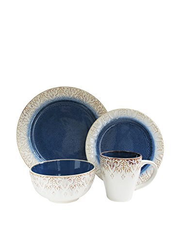 American Atelier Round Dinnerware Sets | Blue Kitchen Plates, Bowls, and Mugs | 16 Piece High Quality Stoneware Granada Collection | Dishwasher & Microwave Safe | Service for 4