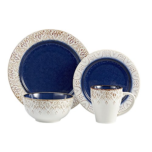 American Atelier Round Dinnerware Sets | Blue Kitchen Plates, Bowls, and Mugs | 16 Piece High Quality Stoneware Granada Collection | Dishwasher & Microwave Safe | Service for 4