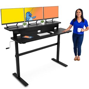 stand steady tranzendesk | 55 inch dual level standing desk with shelf | easy crank height adjustable sit to stand desk | stand up workstation with monitor riser for home & office (55in / black)