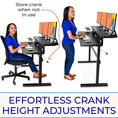 Stand Steady Tranzendesk | 55 Inch Dual Level Standing Desk with Shelf | Easy Crank Height Adjustable Sit to Stand Desk | Stand Up Workstation with Monitor Riser for Home & Office (55in / Black)