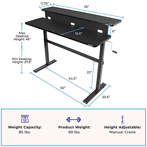 Stand Steady Tranzendesk | 55 Inch Dual Level Standing Desk with Shelf | Easy Crank Height Adjustable Sit to Stand Desk | Stand Up Workstation with Monitor Riser for Home & Office (55in / Black)